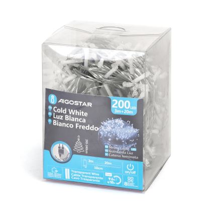 Aigostar - LED vonkajší vianočný reťazec 200xLED/8 funkcií 23m IP44 studená biela