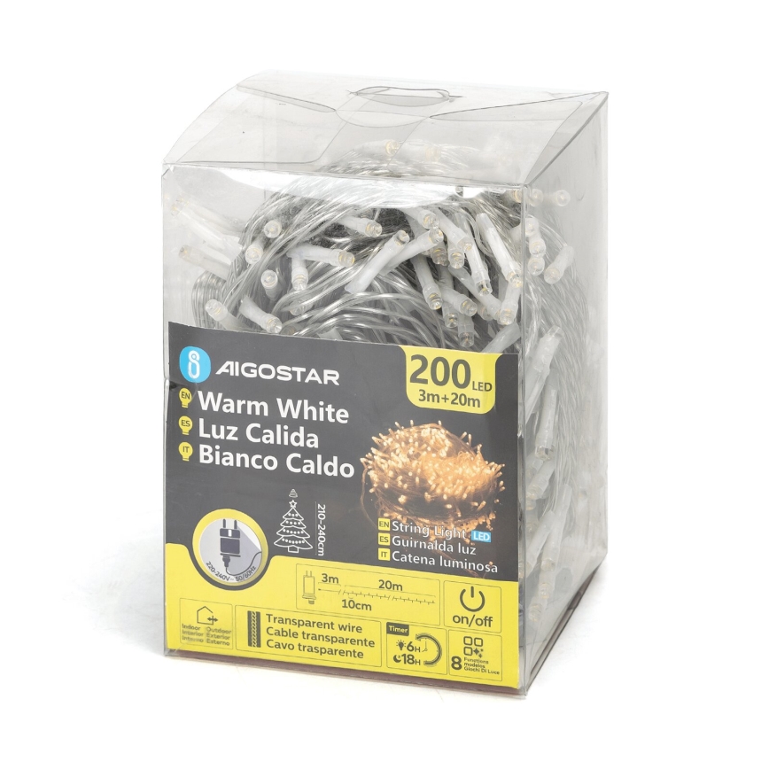 LED svetelný rad s 200 diódami, teplej bielej farby, je stočený v priehľadnom plastovom obale. Balenie obsahuje informácie o dĺžke (3m+20m), farbe a funkcii časovača (6h/18h).