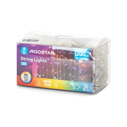 LED svetelný záves AIGOSTAR s 1200 LED diódami, 3m x 2m, je zabalený v priehľadnej krabičke. Svietidlo ponúka osem svetelných režimov a časovač.