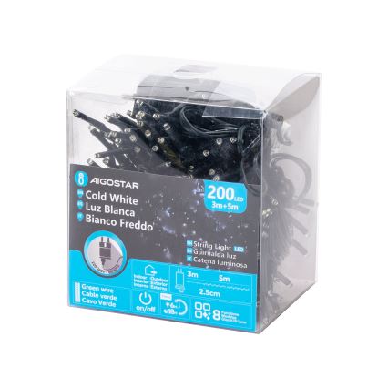 Svetlá s 200 LED diódami v priehľadnom balení. Sú biele, na čiernom kábli, s dĺžkou 3+5 metrov. Balenie obsahuje aj popis v niekoľkých jazykoch.