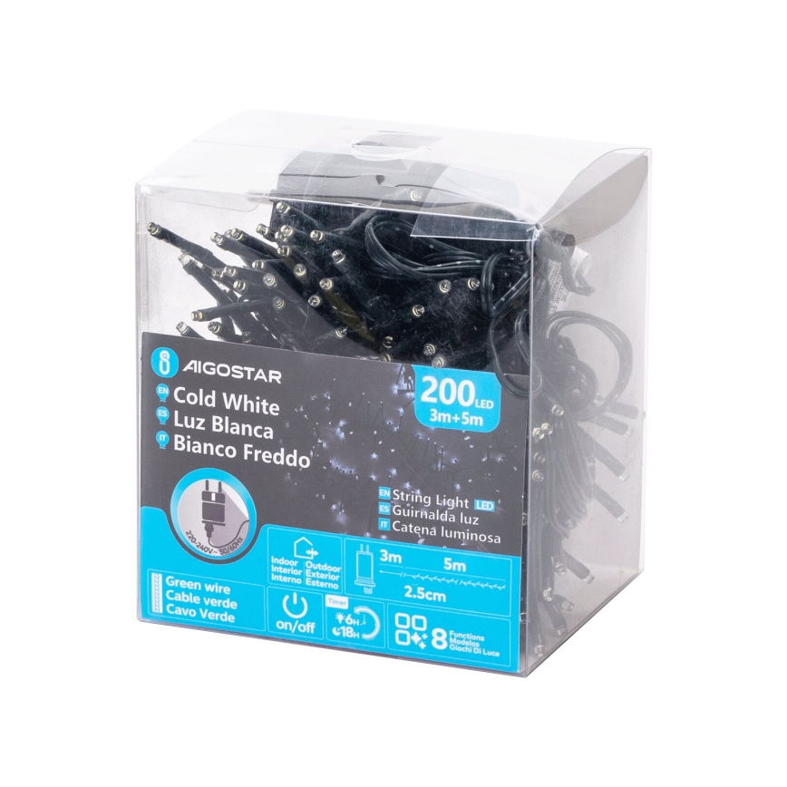 Svetlá s 200 LED diódami v priehľadnom balení. Sú biele, na čiernom kábli, s dĺžkou 3+5 metrov. Balenie obsahuje aj popis v niekoľkých jazykoch.