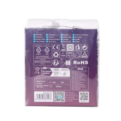 Svetlená reťaz v plastovom obale. Obsahuje technické údaje a QR kódy. Recyklačné informácie sú uvedené na obale.