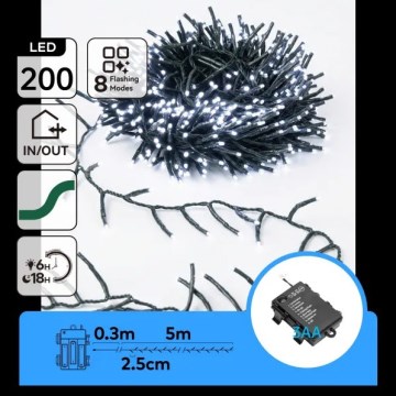 Aigostar - LED Vonkajší vianočný reťazec 200xLED/8 režimov 3xAA 5,3 m IP44 studená biela