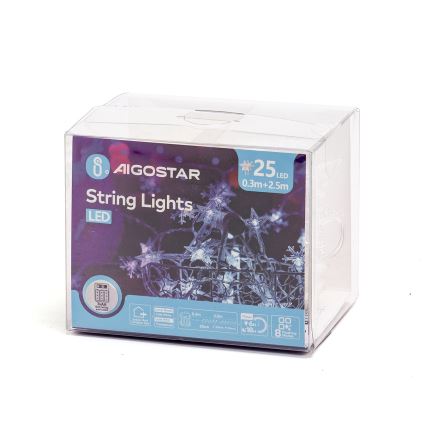 Aigostar - LED Vonkajšia  reťaz 25xLED/8 funkcií 3xAA 2,5 m IP44 studená biela