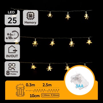 Aigostar - LED vonkajší vianočný reťazec 25xLED/8 funkcií 3xAA 2,5m IP44 teplá biela hviezdy