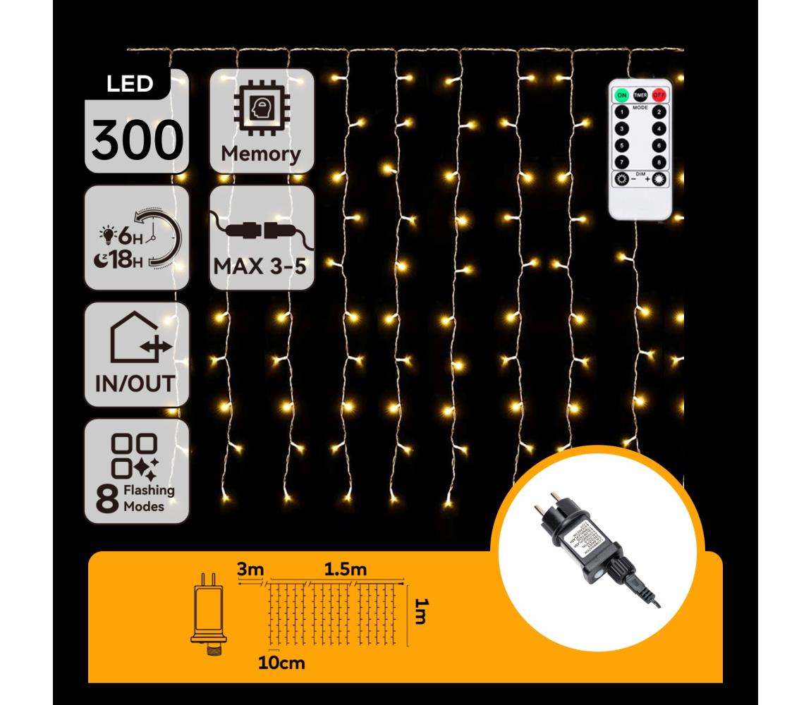 B.V.  - LED vonkajší vianočný reťazec 300xLED/6W/230V/8 funkcií 3x1m IP44 teplá biela+DO B10303S7D