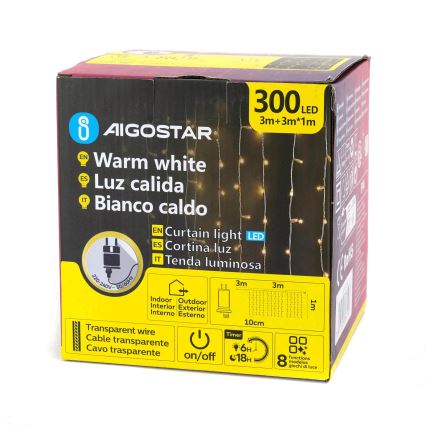 Aigostar - LED vonkajšia svetelná reťaz 300xLED/8 funkcií 3x1m IP44 teplá biela + diaľkové ovládanie