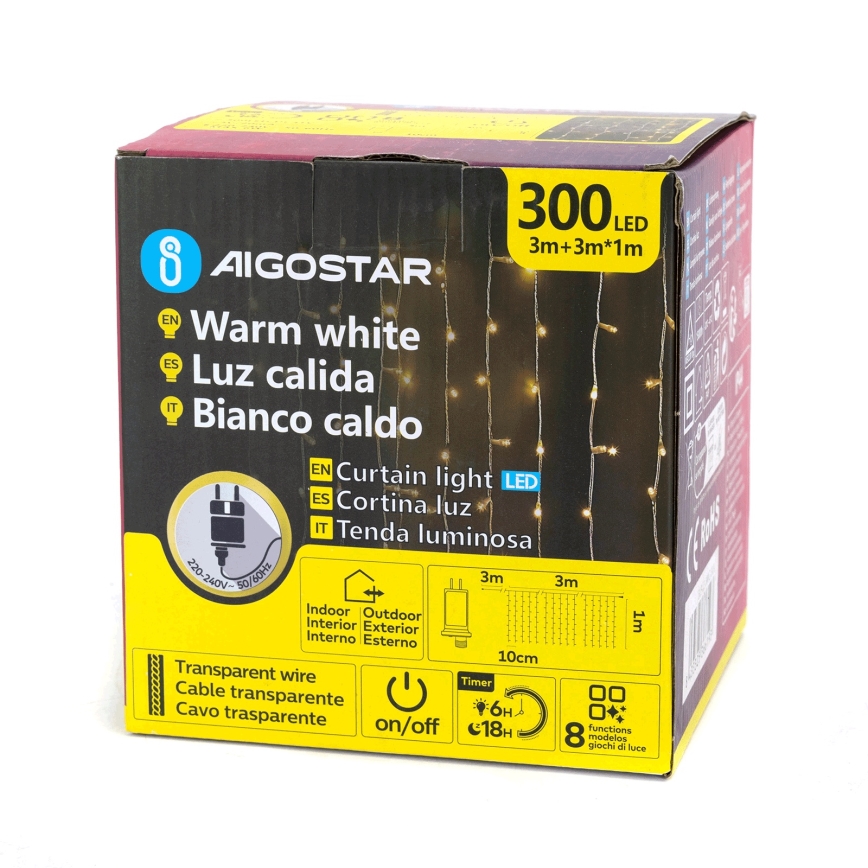 Aigostar - LED vonkajšia svetelná reťaz 300xLED/8 funkcií 3x1m IP44 teplá biela + diaľkové ovládanie