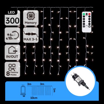 Aigostar - LED Vonkajší vianočný reťazec 300xLED/8 funkcií 3x1m IP44 studená biela + diaľkové ovládanie