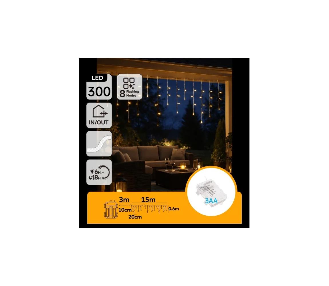 B.V.  - LED vonkajší vianočný reťazec 300xLED/8 funkcií 3xAA 18x06m IP44 teplá biela B10303K3Y