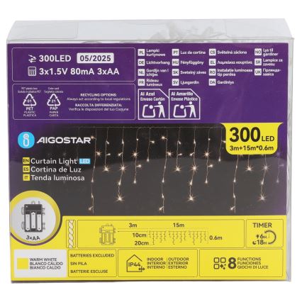 Aigostar - vonkajší LED vianočný reťaz 300xLED/8 funkcií 3xAA 18x0,6 m IP44 teplá biela