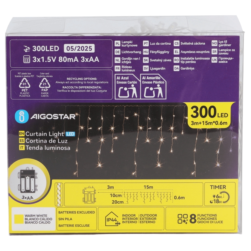 Aigostar - vonkajší LED vianočný reťaz 300xLED/8 funkcií 3xAA 18x0,6 m IP44 teplá biela
