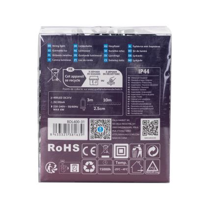 Balenie svetiel s popisom: 400 LED diód, 3V/20 mA, 220-240V, 50/60 Hz, max. 6 W, dĺžka 3m alebo 10m, rozstup 2,5 cm. Balenie obsahuje informácie o recyklácii a technické parametre.