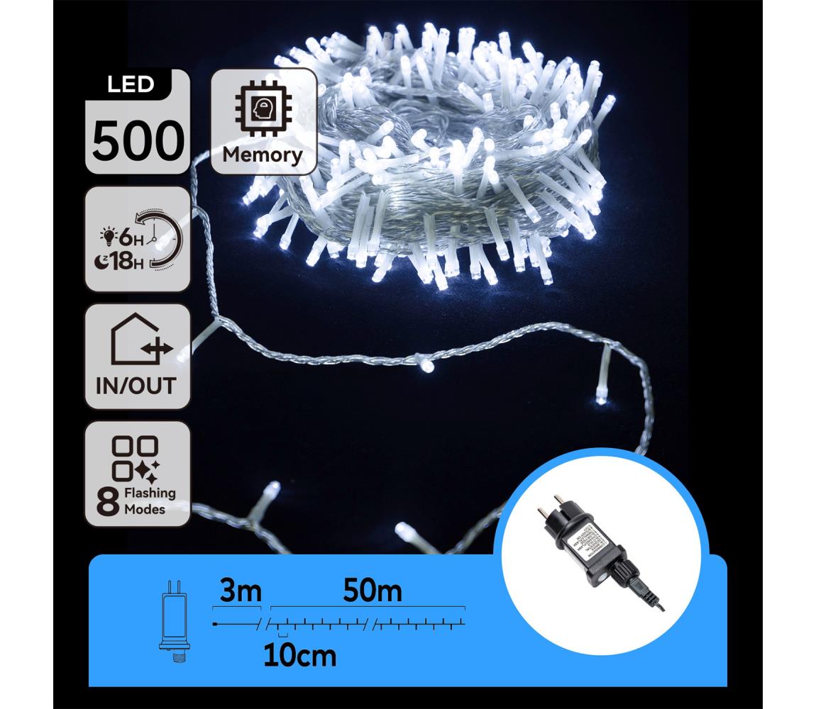 B.V. - LED Vonkajší vianočný reťazec 500xLED/8 funkcií 53m IP44 studená biela B103031OV
