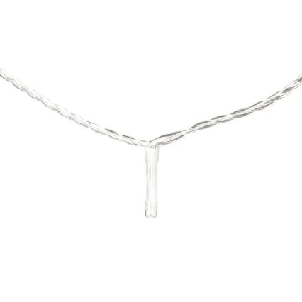 Svetlý, tenký, skrútený kábel visí v tvare písmena V. Z jeho stredu visí malá, priehľadná LED dióda. pozadie je biele.