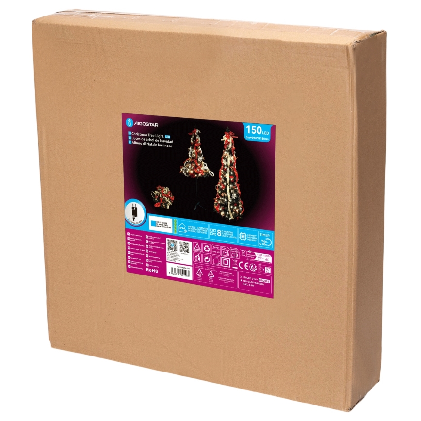 Aigostar - LED Vonkajší vianočný stromček 150xLED 1,8m IP44 červená studená biela