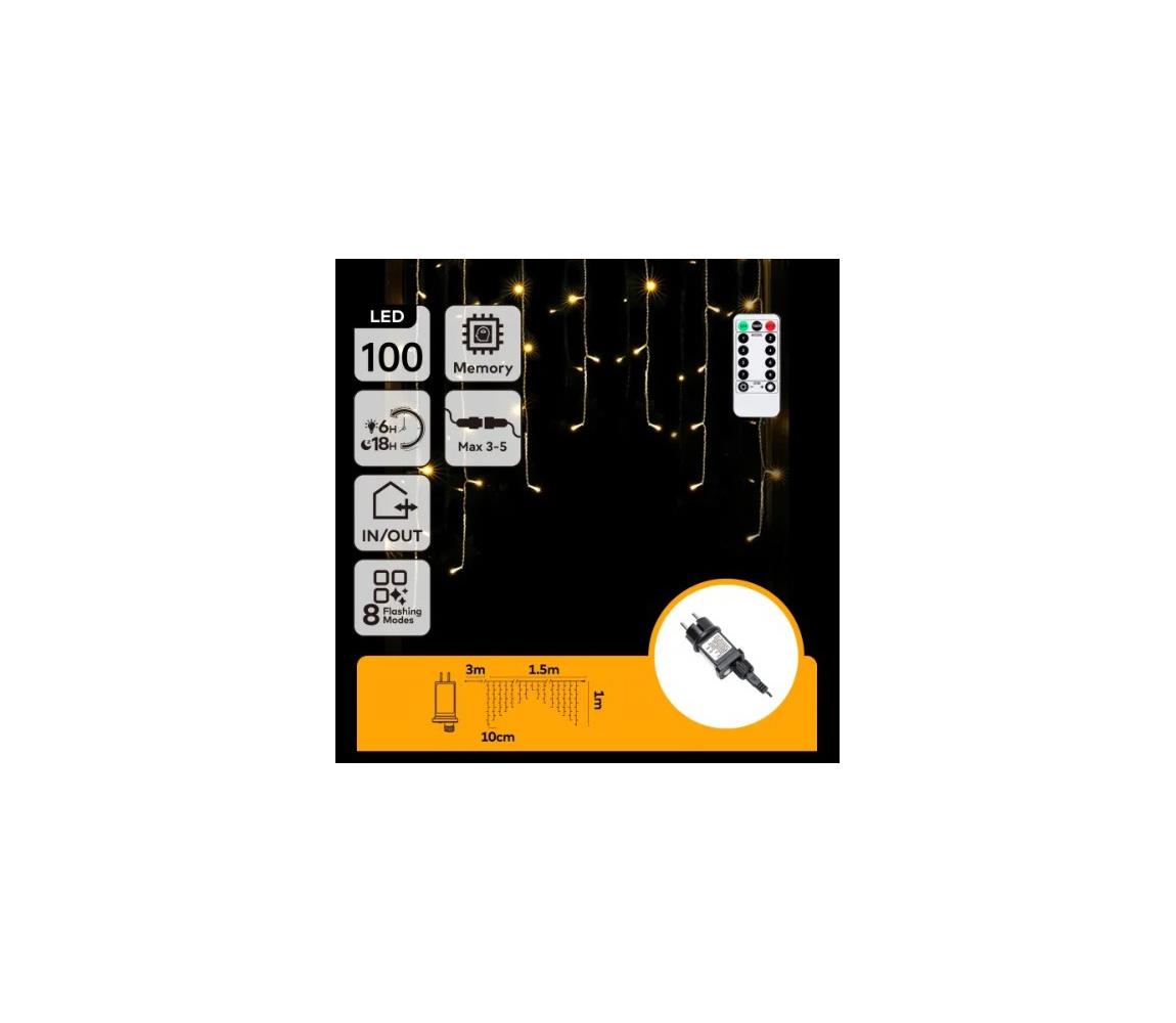 B.V. - LED vonkajší vianočný svetelný reťazec 100xLED/6W/230V/8 funkcií 1,5x1m IP44 teplá biela + diaľkový ovládač B10303S7G
