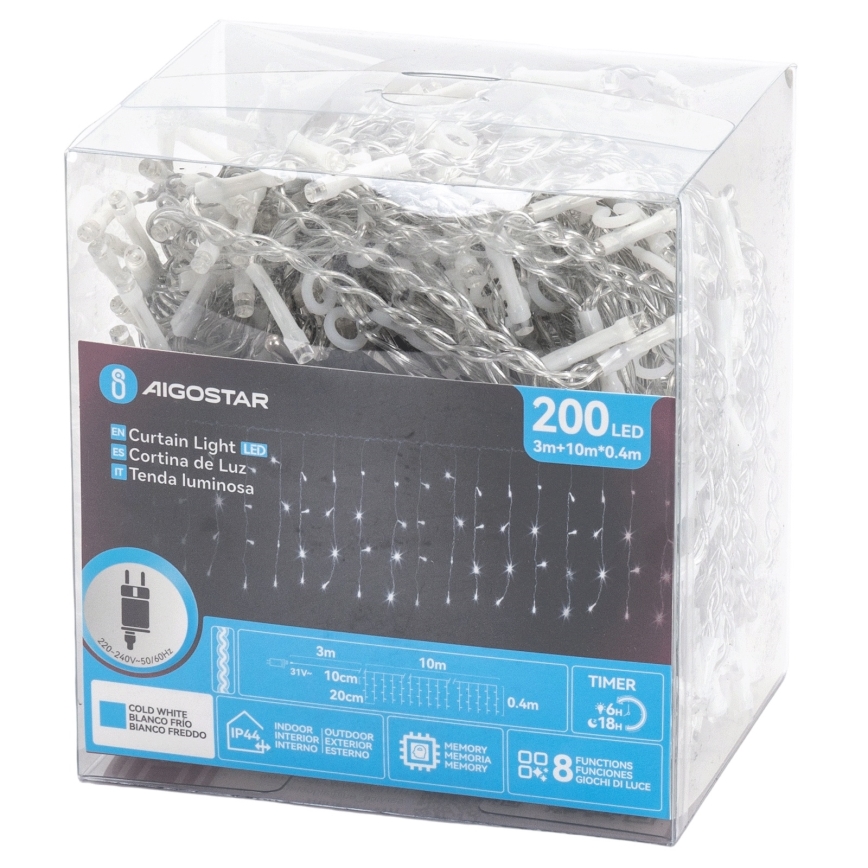 Aigostar - LED Vonkajší vianočný reťaz 200xLED/3,6W/230V/8 funkcií 10x0,4m IP44 studená biela