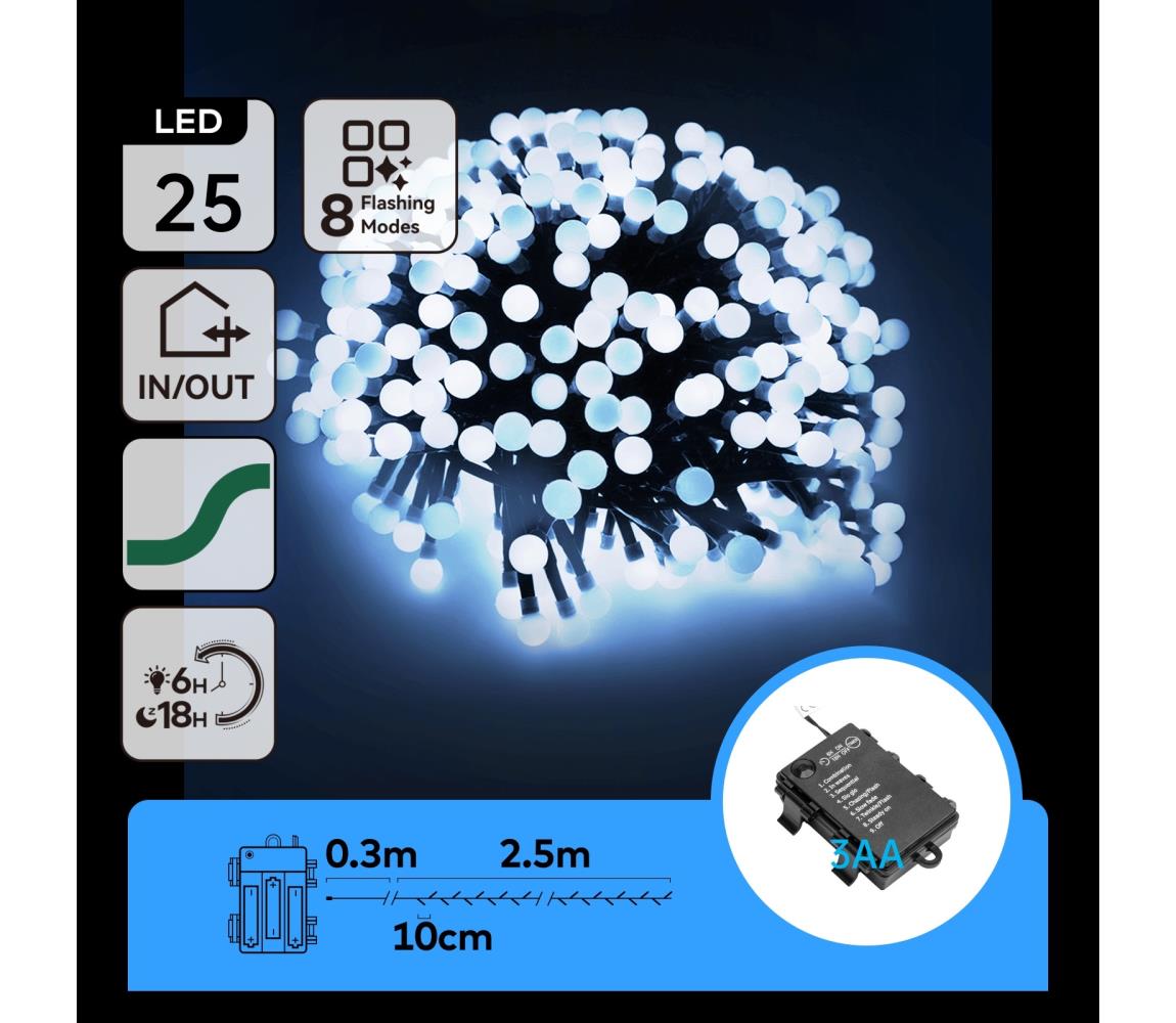 B.V.  - LED vonkajší vianočný svetelný reťazec 25xLED/8 funkcií 3xAA 2,8m IP44 studená biela B10303K5J