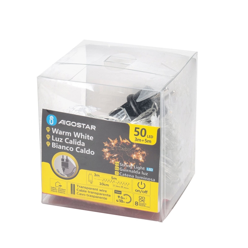 Svetelný reťaz s 50 LED diódami, teplej bielej farby, v priehľadnom plastovom obale. Reťaz má dĺžku 8 metrov (3+5m), s priehľadným káblom. Balenie obsahuje informácie o produkte v angličtine, španielčine a taliančine.