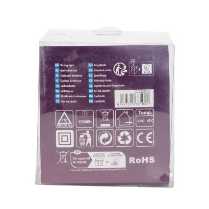 Balenie svetelného reťazca obsahuje informácie o produkte v mnohých jazykoch vrátane slovenského (Svetelná reťaz) a technické špecifikácie, napr. 15000h prevádzky, rozsah teplôt -25°C až 45°C, označenie RoHS a CE. Balenie je určené na recykláciu.