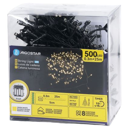 Aigostar - LED vonkajší vianočný svetelný reťazec 500xLED/8 funkcií 4xAA 25,3 m IP44 teplá biela