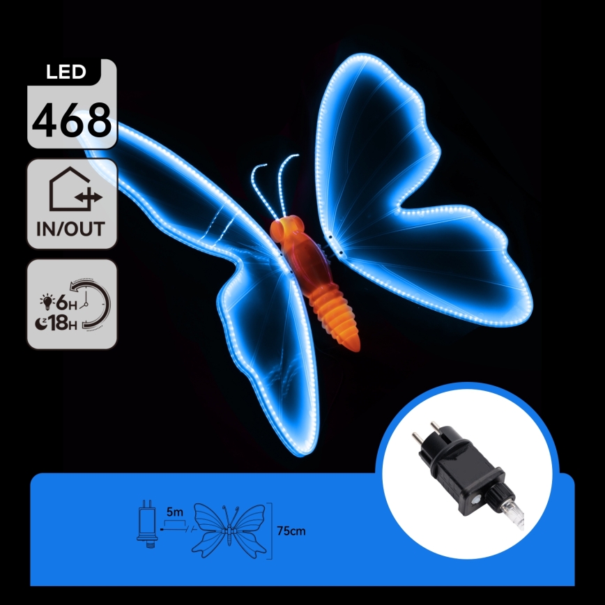 Aigostar - LED Vonkajšia dekorácia 468xLED 75 cm IP44 motýľ/modrá