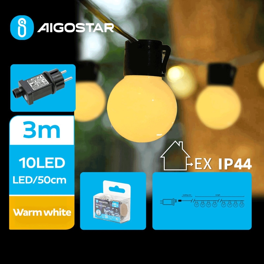 Aigostar - LED Vonkajšia dekoratívna reťaz 10xLED/3m IP44 teplá biela