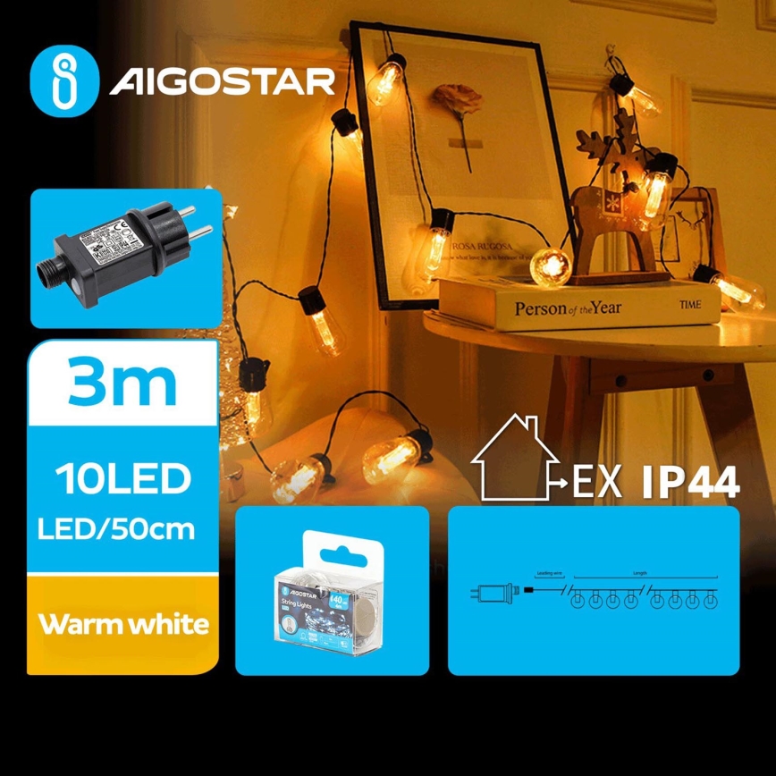 Aigostar - LED Vonkajšia dekoratívna reťaz 10xLED/3m IP44 teplá biela