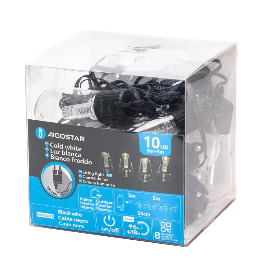 LED svetelný veniec s 10 LED diódami, v balení, s čiernym káblom, na vnútorné aj vonkajšie použitie; na výber dĺžky 3m alebo 5m, s časovačom.