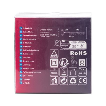 Balenie svetelného reťaza s popisom v mnohých jazykoch, technickými údajmi (10 LED, DC 3.2V, 3V/20mA, 220-240V~, 50/60Hz, max. 3.6W, dĺžky 3m a 5m), symbolmi pre recykláciu a označením RoHS.