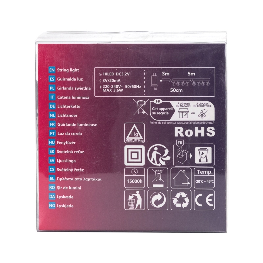 Balenie svetelného reťaza s popisom v mnohých jazykoch, technickými údajmi (10 LED, DC 3.2V, 3V/20mA, 220-240V~, 50/60Hz, max. 3.6W, dĺžky 3m a 5m), symbolmi pre recykláciu a označením RoHS.