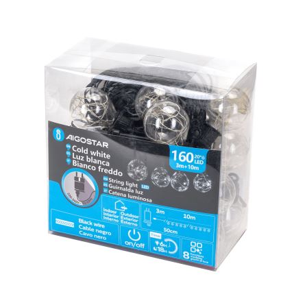 Aigostar - LED vonkajšia svetelná reťaz 160xLED, 10 m, IP44, studená biela