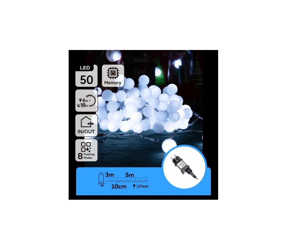 B.V. - LED vonkajšia dekoratívna svetelná retiazka 50xLED/3,6W/230V/8 funkcií 5m IP44 studená biela B103031RI