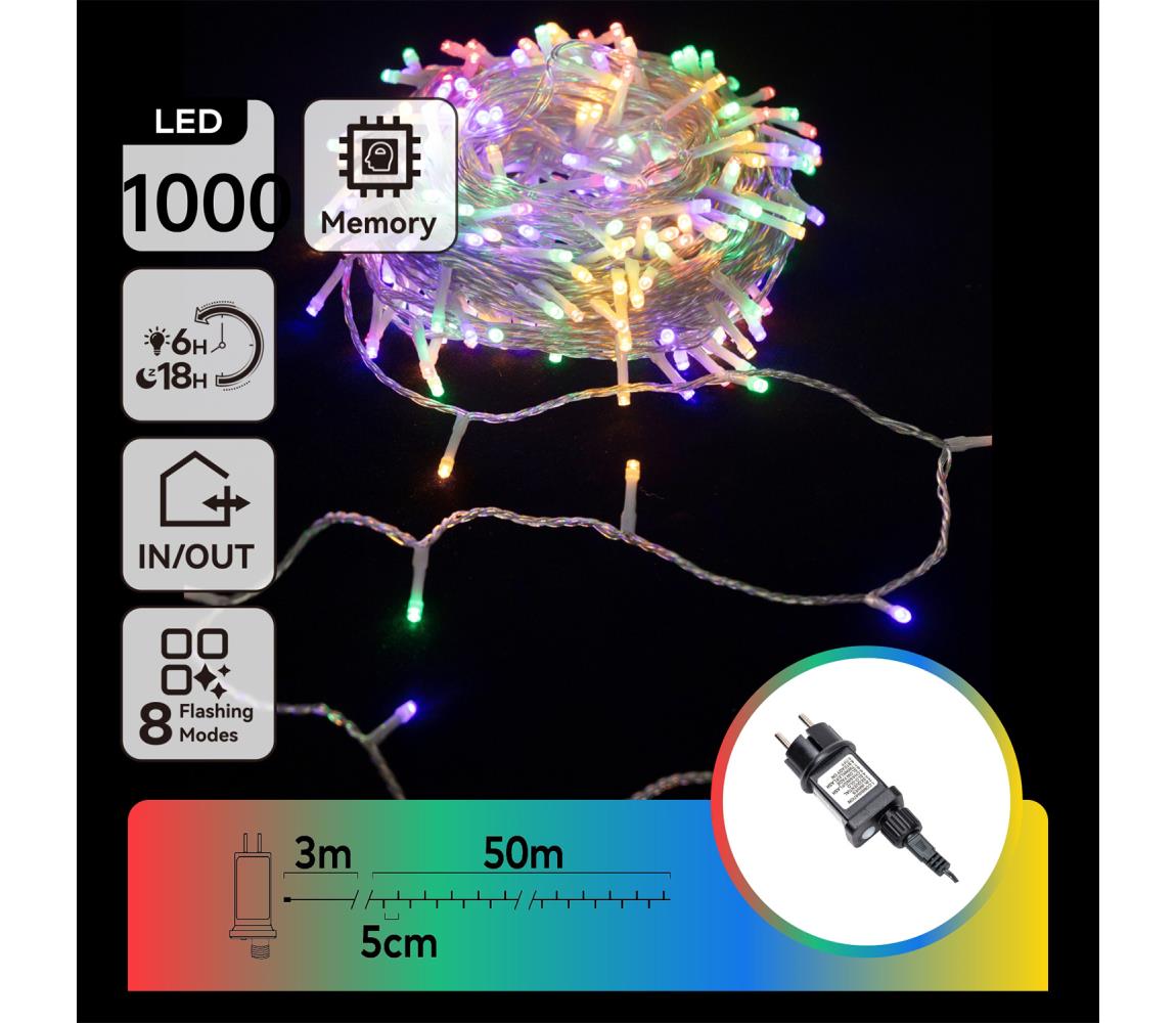 B.V. - LED vonkajšia reťaz 1000xLED/8 funkcií 53m IP44 viacfarebná B10303ABLU