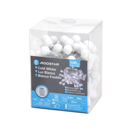 Svetlá AIGOSTAR sú v priehľadnej plastovej krabičke. Obsahujú 100 bielych LED žiaroviek na 10 metrov dlhom priesvitnom kábli s rozostupom 10 cm. Žiarovky sú guľaté. Sú určené na vnútorné aj vonkajšie použitie.