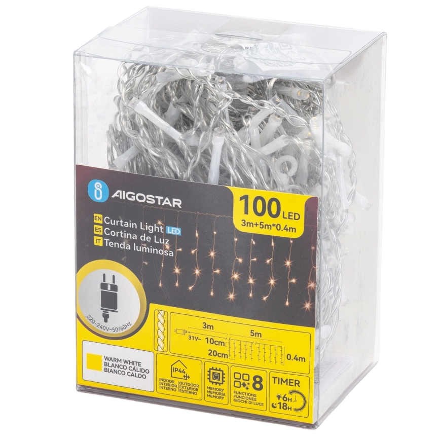 Aigostar - LED vonkajšia reťaz 100xLED/8 režimov 5x0,4m IP44 teplá biela