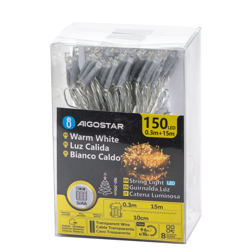 Aigostar -LED Vonkajšia reťaz 150xLED/8 funkcií 3xAA 15,3m IP44 teplá biela