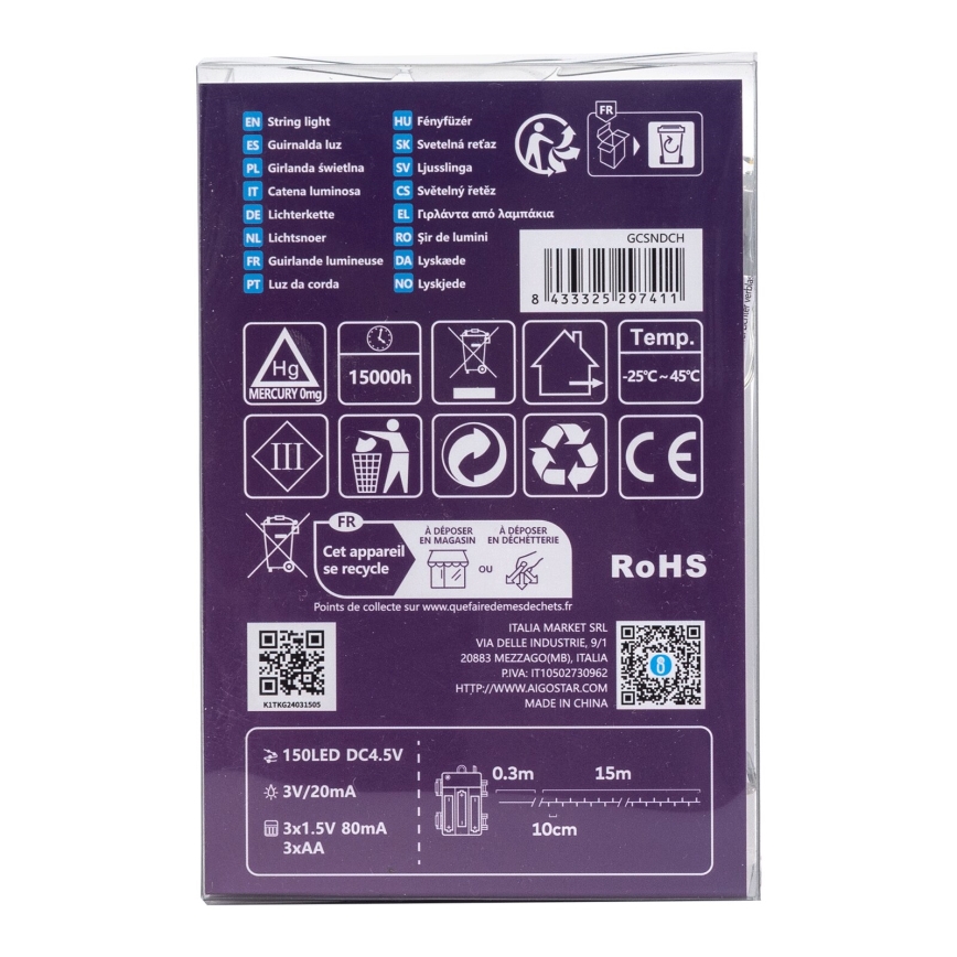 Aigostar -LED Vonkajšia reťaz 150xLED/8 funkcií 3xAA 15,3m IP44 teplá biela