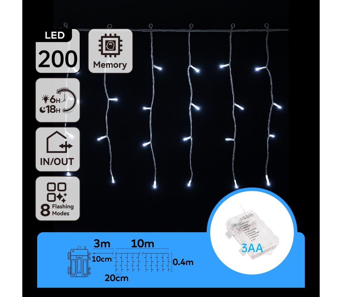 B.V.  - LED vonkajšia reťaz 200xLED, 8 režimov, 13x0,4 m, IP44, studená biela B10303K3R