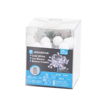 Svietiace LED guličky v plastovom balení. Sú biele, na priehľadnom kábli, dlhom 2,5 m. Balenie udáva 25 LED diód, 10 cm rozostup a prevádzku na 3xAA batérie.
