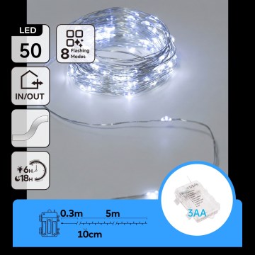 Aigostar - LED vonkajšia reťaz 50xLED/3xAA 5,3 m studená biela
