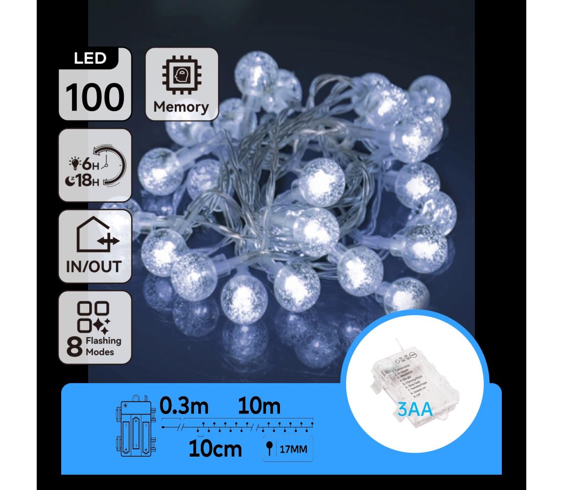 B.V. - LED vonkajšia svetelná reťaz 100xLED/3xAA/8 funkcií 10,3 m IP44 studená biela B10303K4T