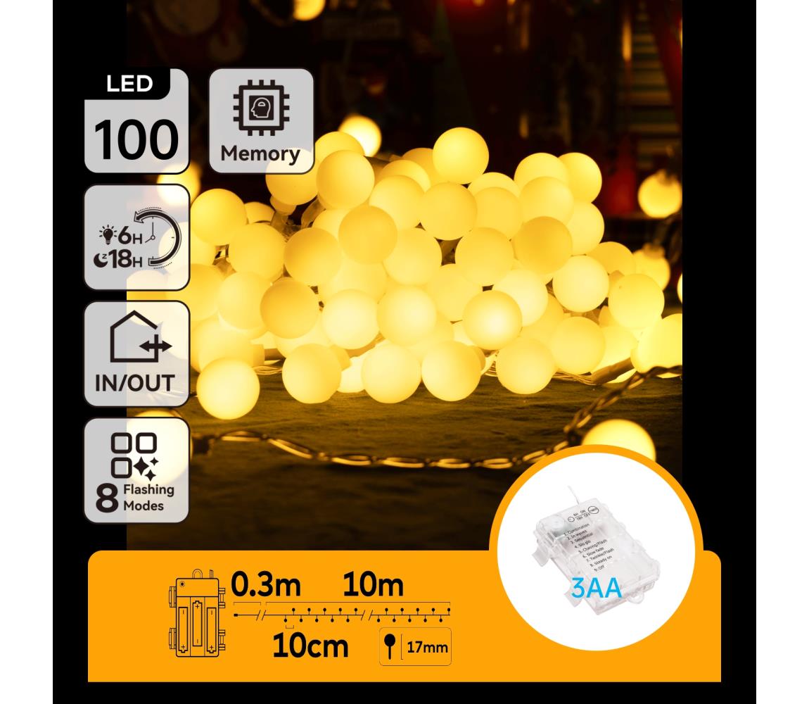 B.V.  - LED vonkajšia svetelná reťaz 100xLED/3xAA/8 funkcií 10,3 m IP44 teplá biela B10303K4H
