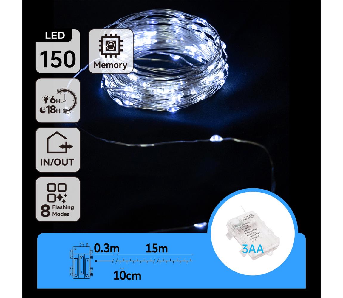 B.V.  - LED vonkajšia svetelná reťaz 150 LED/8 funkcií 15,3 m IP44 studená biela B10303K1E
