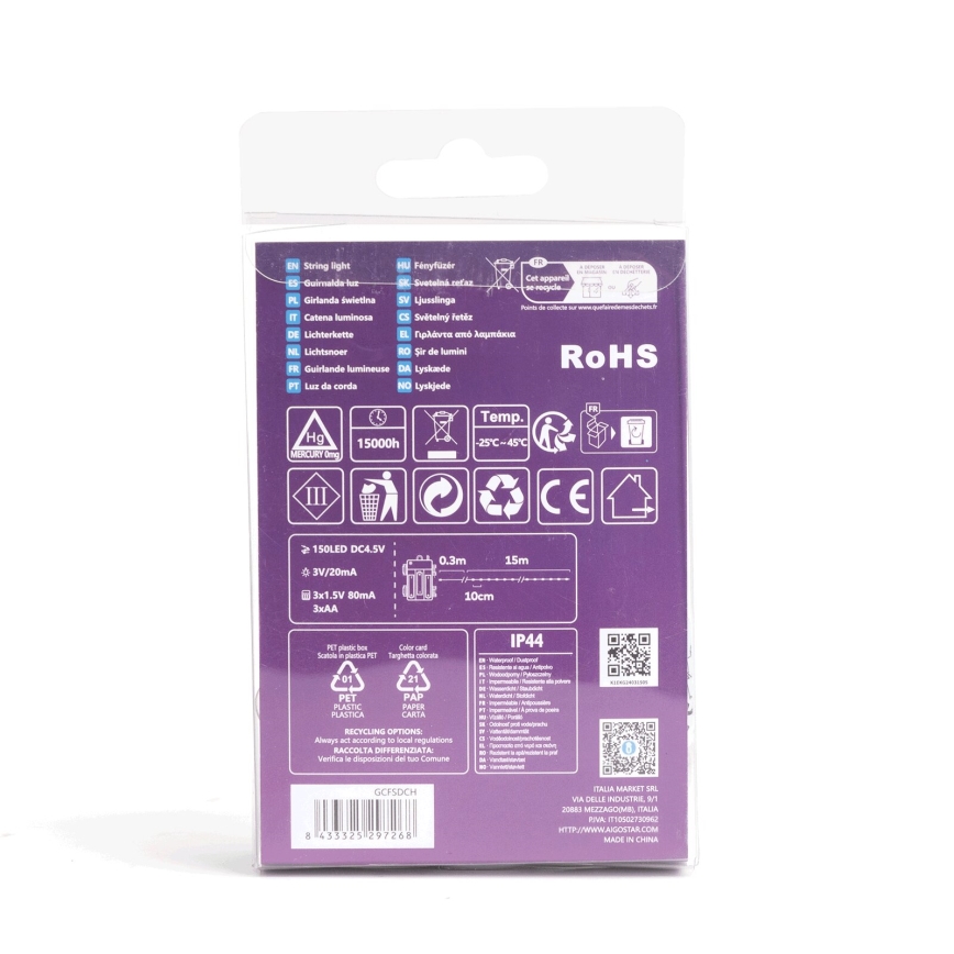 Balenie svetelnej reťaze s technickými údajmi: 150 LED diód, napájanie 4,5V, dĺžka 1,5m, prevádzková teplota -25°C až 45°C, trieda krytia IP44. Na obale je uvedené označenie RoHS, recyklačné symboly a QR kód.