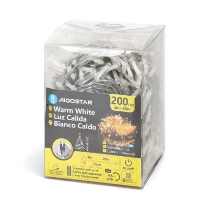 LED svetelný rad s 200 diódami, teplej bielej farby, je stočený v priehľadnom plastovom obale. Balenie obsahuje informácie o dĺžke (3m+20m), farbe a funkcii časovača (6h/18h).