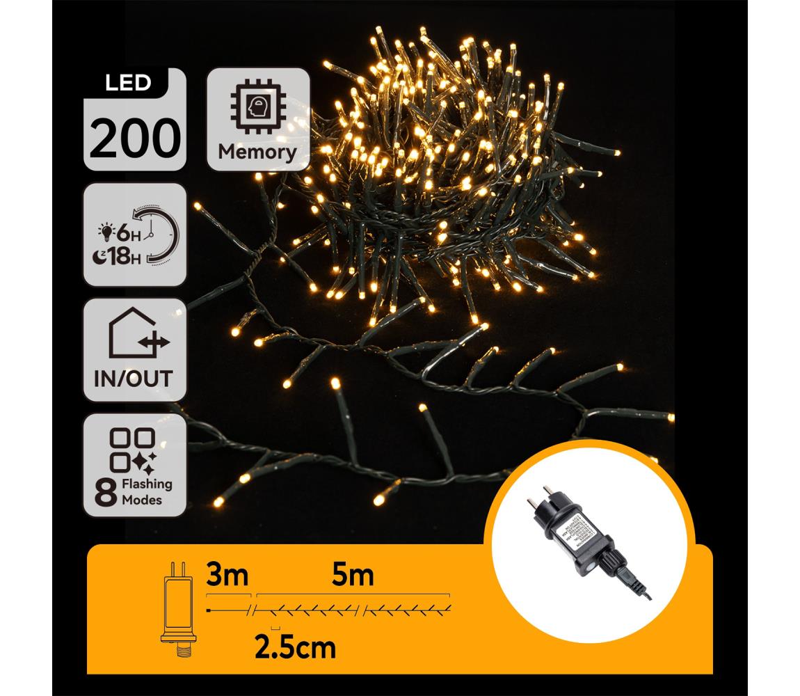 B.V.  - LED vonkajšia svetelná reťaz 200xLED/8 funkcií 8m IP44 teplá biela B103031OF