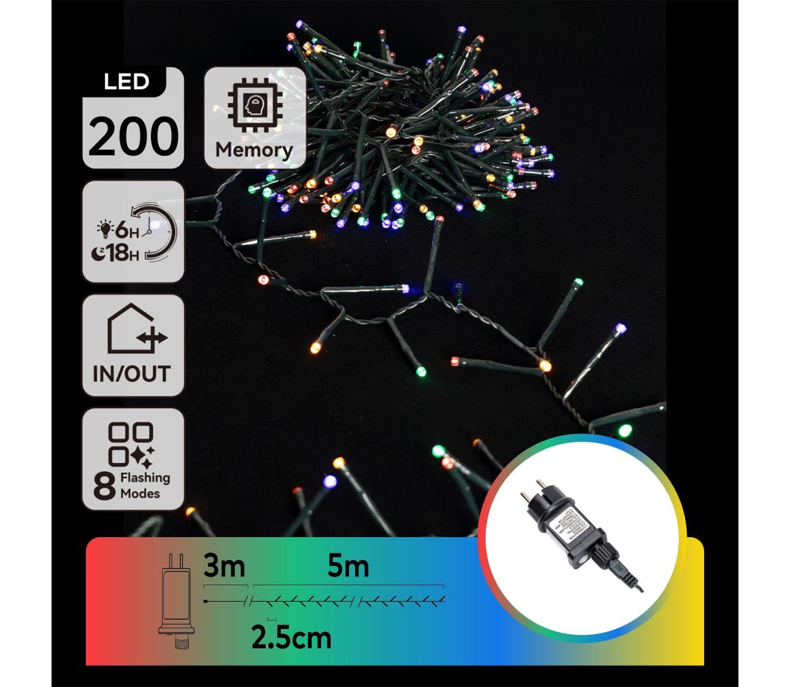B.V.  - LED vonkajšia svetelná reťaz 200xLED/8 funkcií 8m IP44 viacfarebná B103031OB