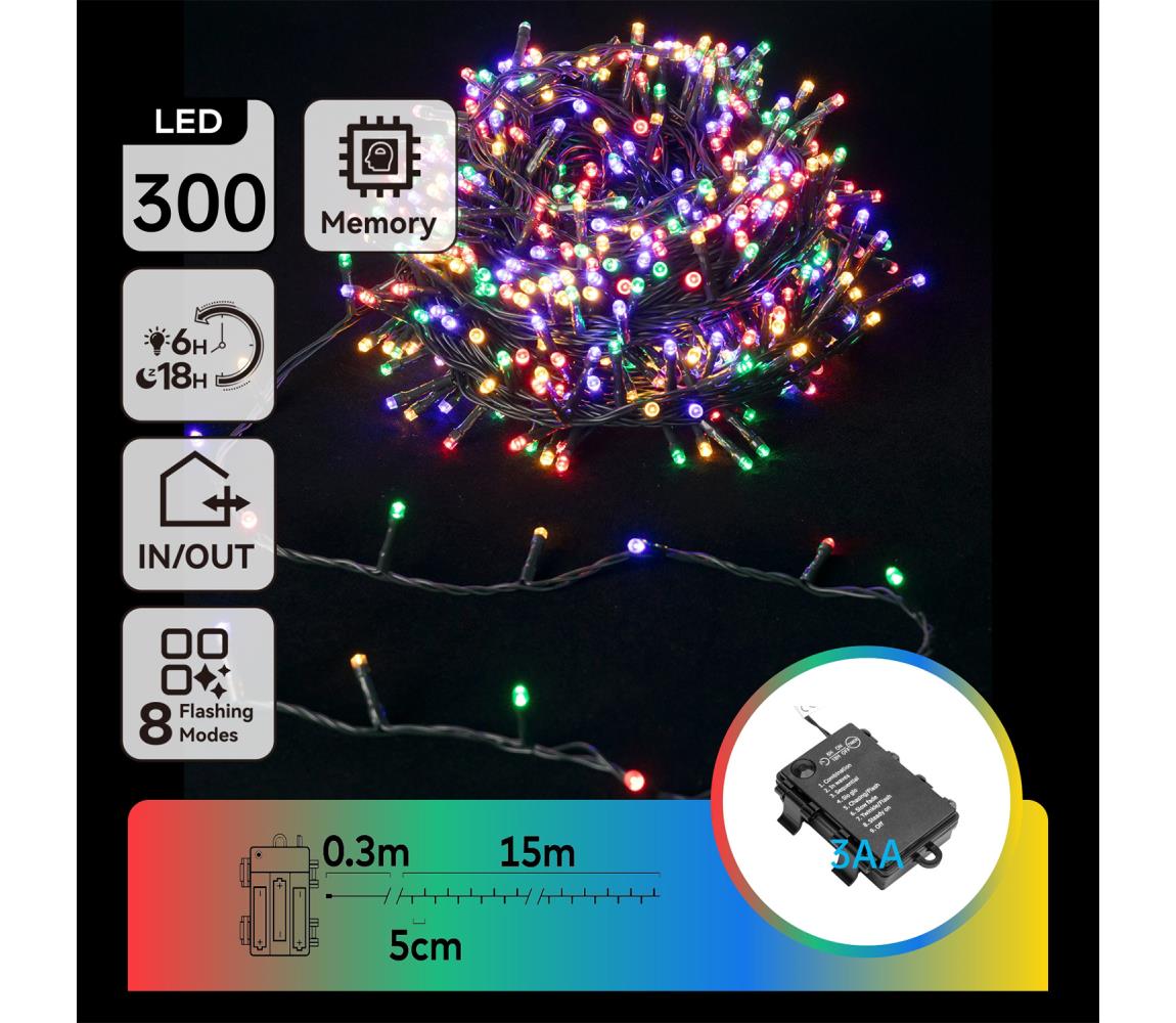 B.V.  - LED vonkajšia svetelná reťaz, 300× LED, 8 režimov, napájanie 3×AA, dĺžka 15,3 m, IP44, viacfarebná B10303K2R